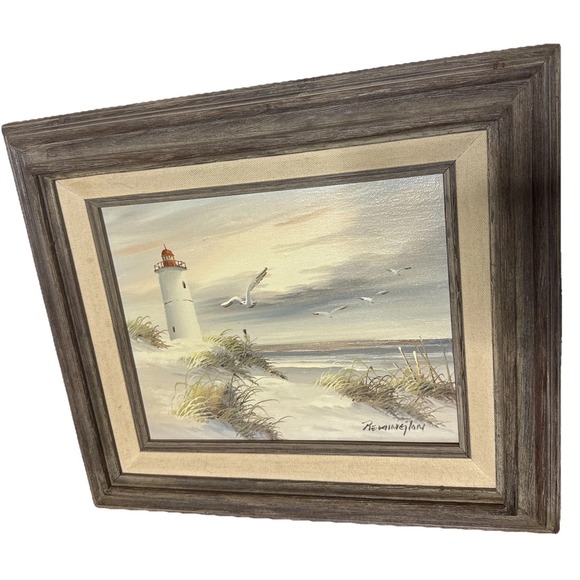 Other - Remington Signed Original Seascape Beach w/Lighthouse Oil Painting Canvas  8X10